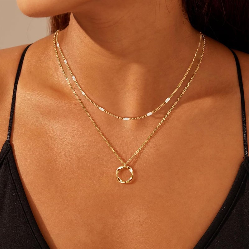 OGD Store Layered CZ Rondelle Pendant Necklaces for Women, 14K Gold Plated Trendy Mariner Chain Dainty Circle Rondelle Pendant Choker Necklace for Women Two-Toned Cubic Zirconia Gold Necklace - Image 2